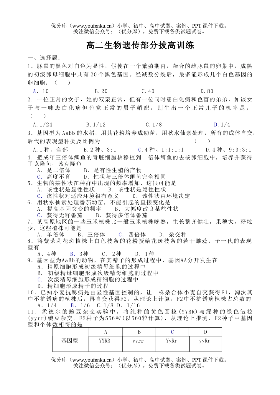 高中二年级生物遗传变异部分智能拔高训练试卷_第1页
