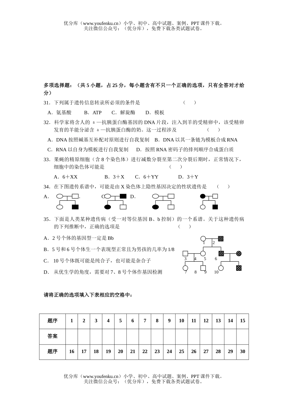 高中二年级生物的遗传试卷_第3页