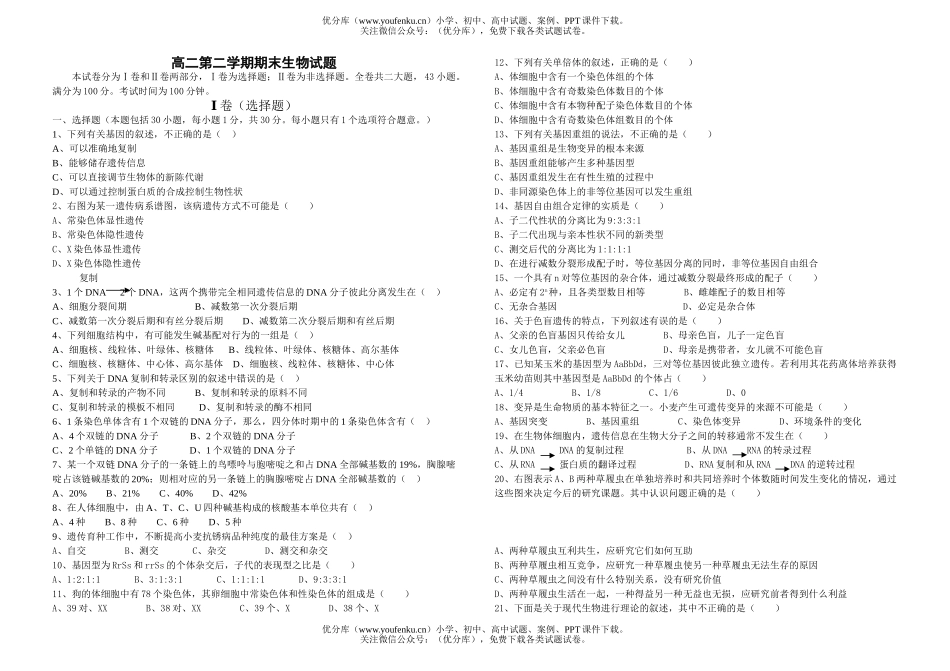 高中二年级生物第二学期期末试卷_第1页