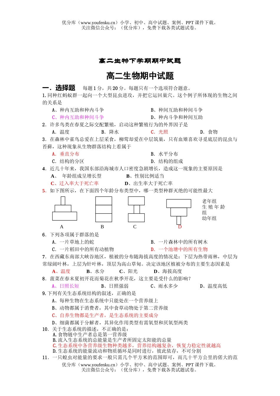 高中二年级生物下学期期中试卷_第1页