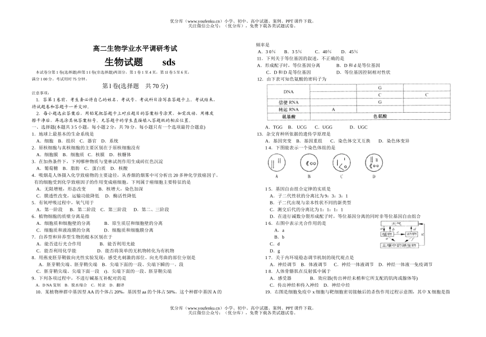 高中二年级生物学业水平调研考试卷_第1页