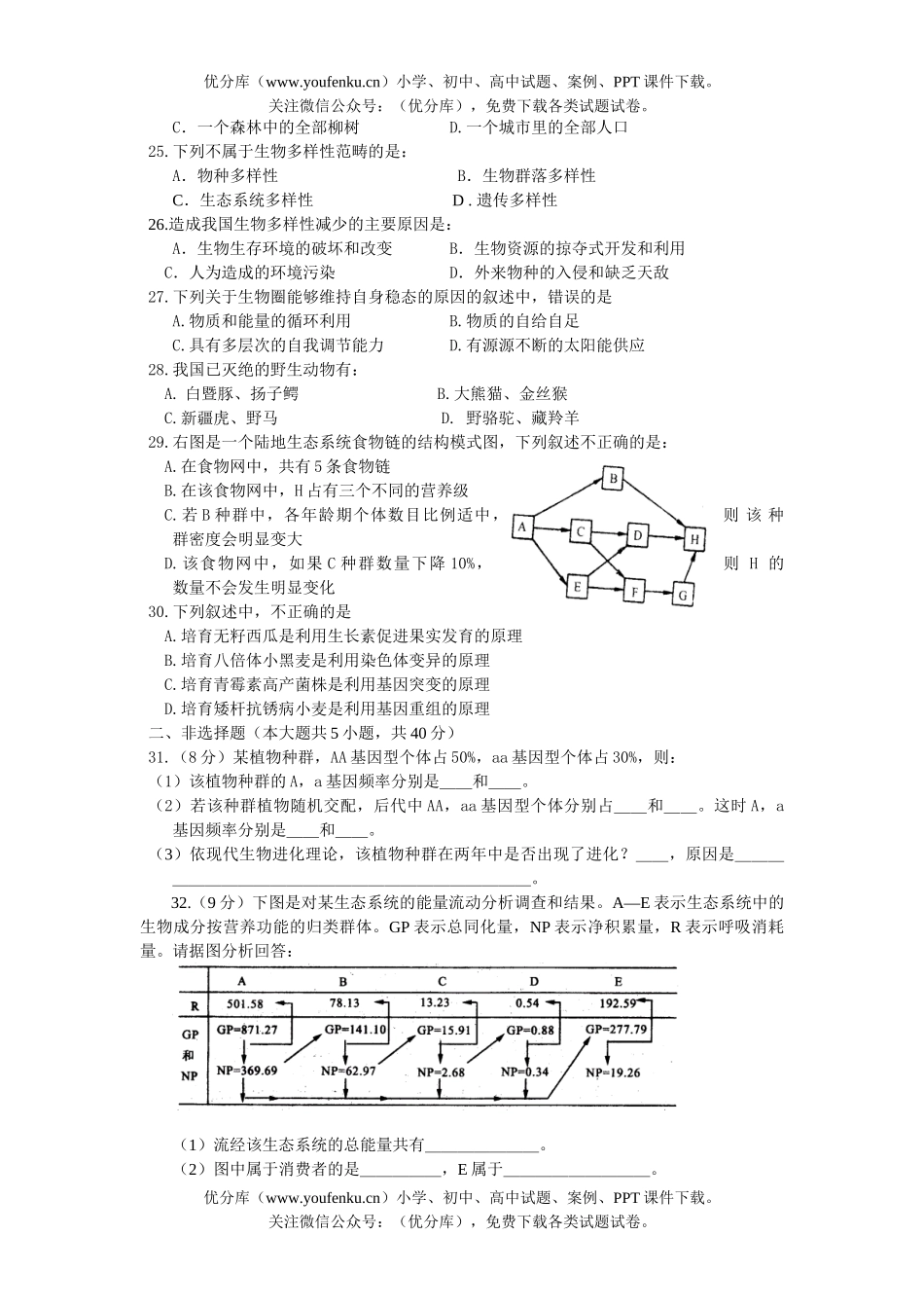 高中二年级生物第二学期期末考试卷_第2页