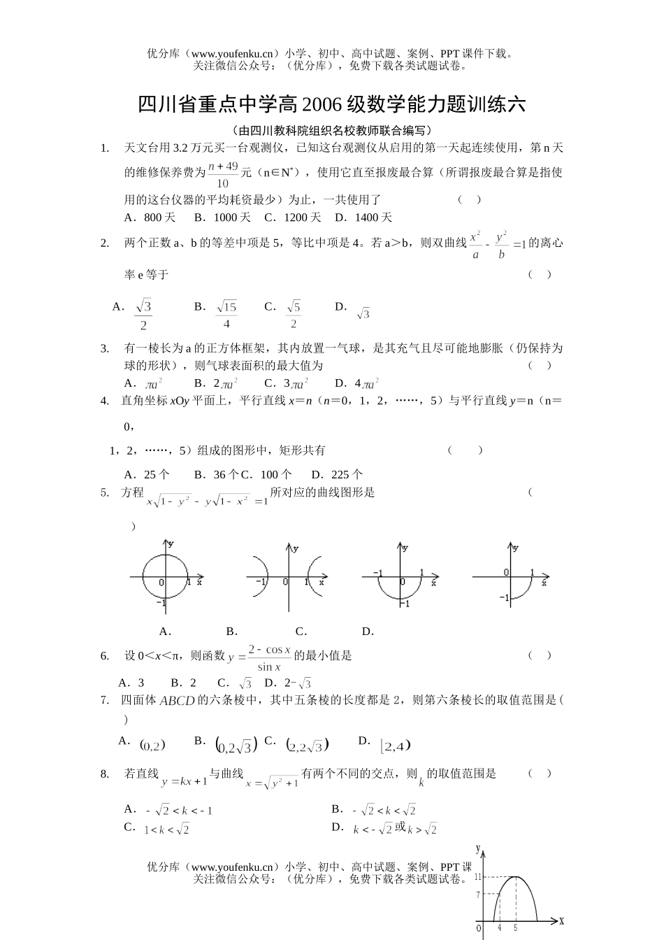 高中三年级数学四川省重点中学高能力题训练六试卷_第1页