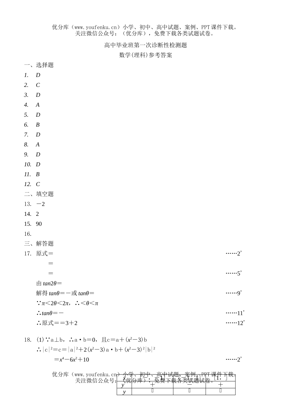 高中三年级数学毕业班第一次诊断性检测题试卷_第3页