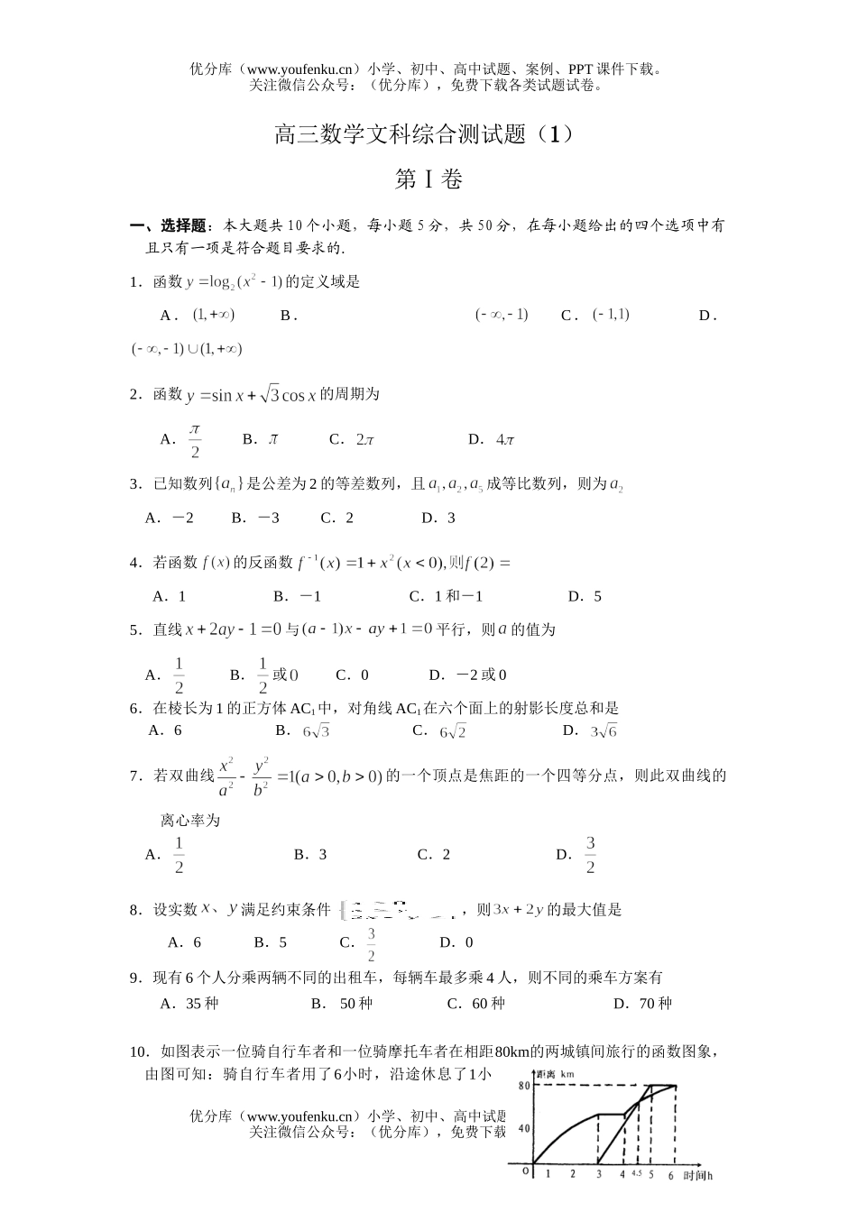 高中三年级数学文科综合测1试卷_第1页