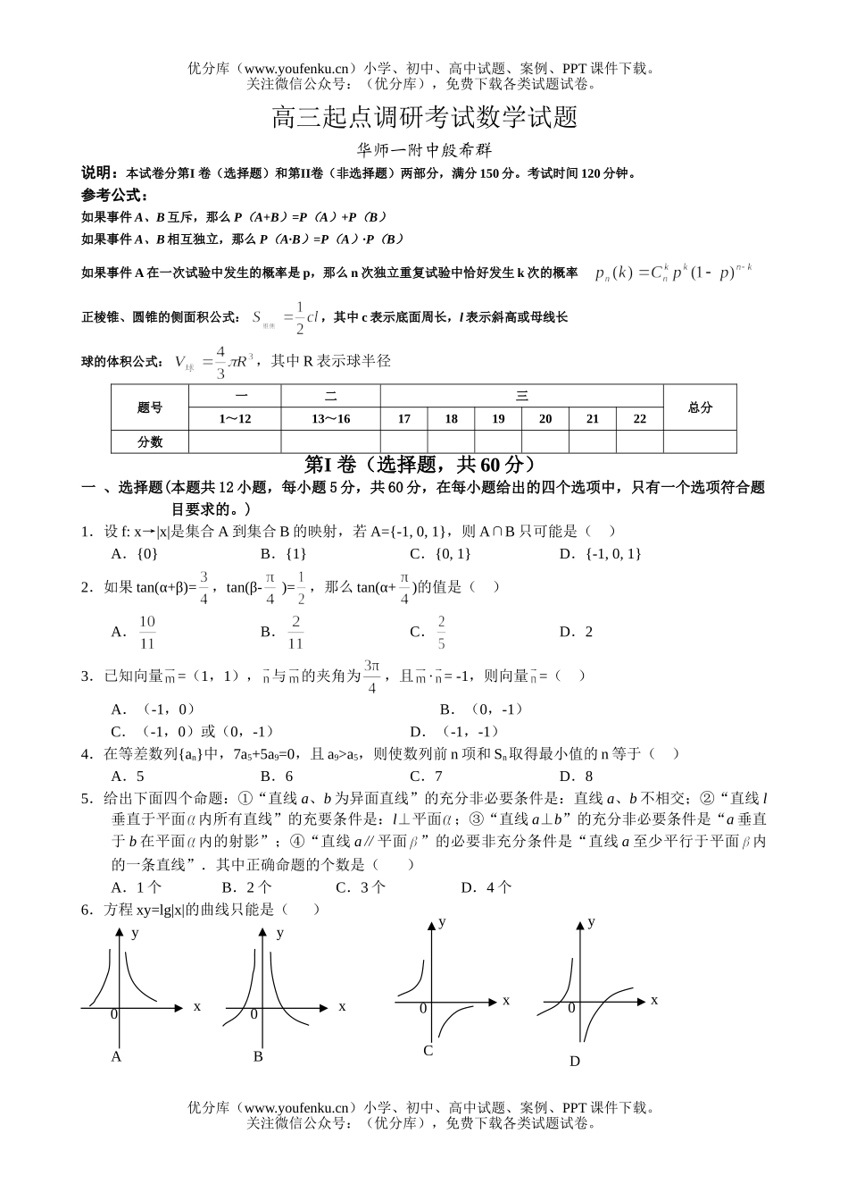 高中三年级数学起点调研考试卷_第1页
