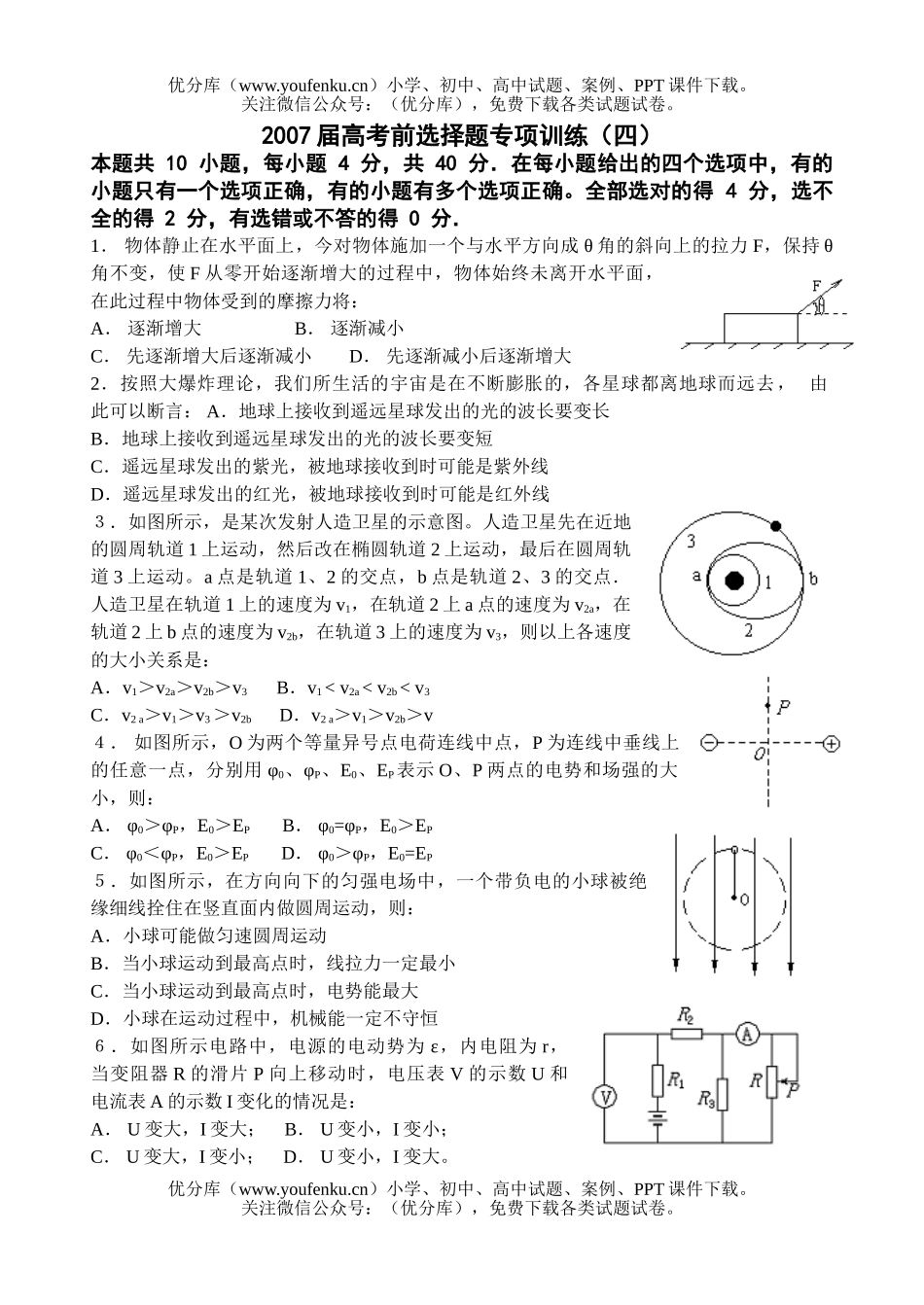 高中三年级物理2007届高考前选择题专项训练(四)试卷_第1页