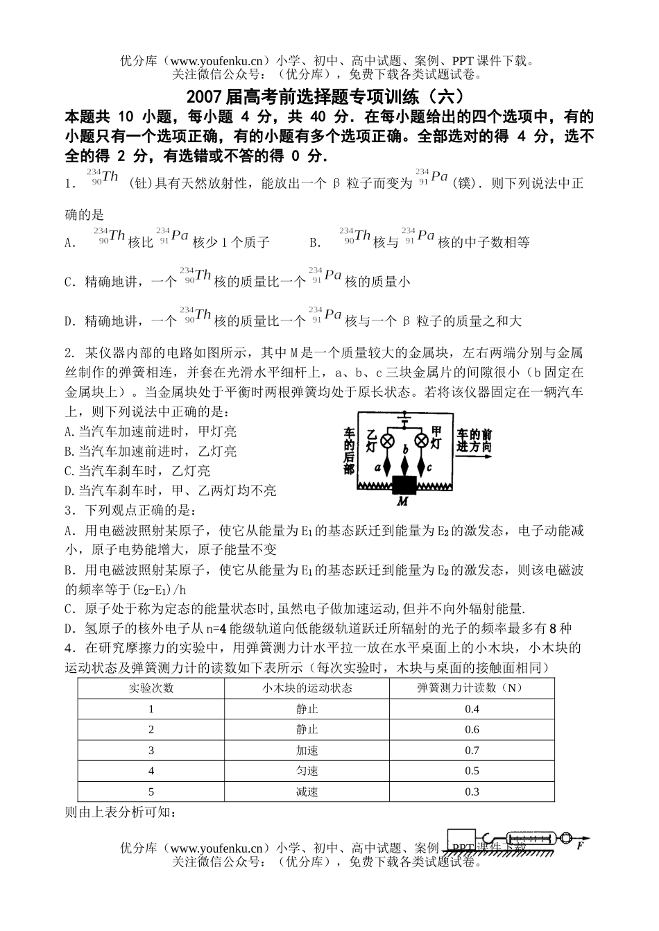 高中三年级物理2007届高考前选择题专项训练(六)试卷_第1页