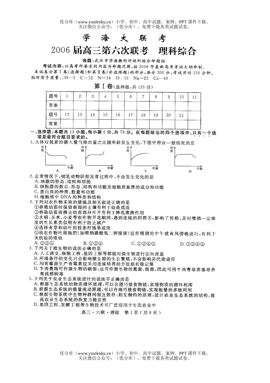 高中三年级物理学海大联考(六)理综试卷_第1页