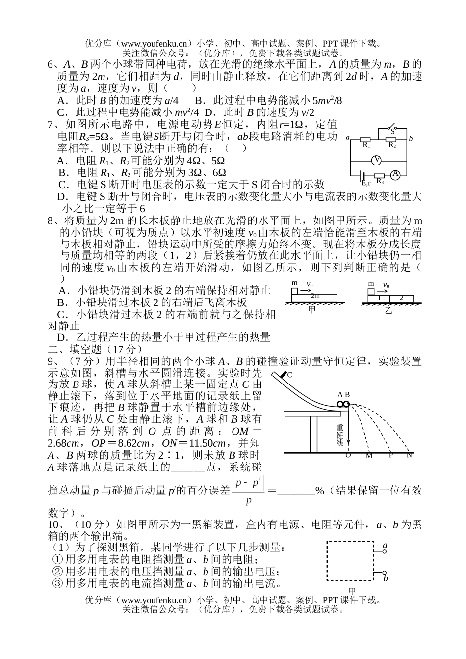 高中三年级物理巩固练习九(力、热、电场、恒定电流检测题)试卷_第2页