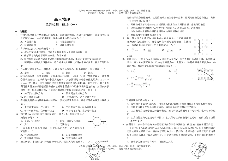 高中三年级物理单元检测  磁场(一)试卷_第1页