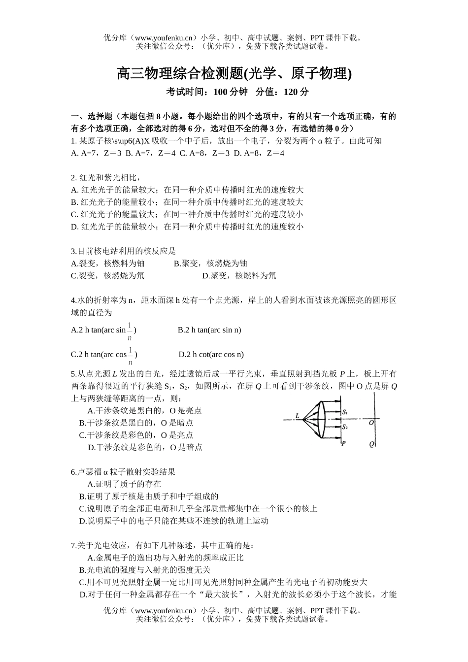 高中三年级物理综合检测题(光学、原子)试卷_第1页