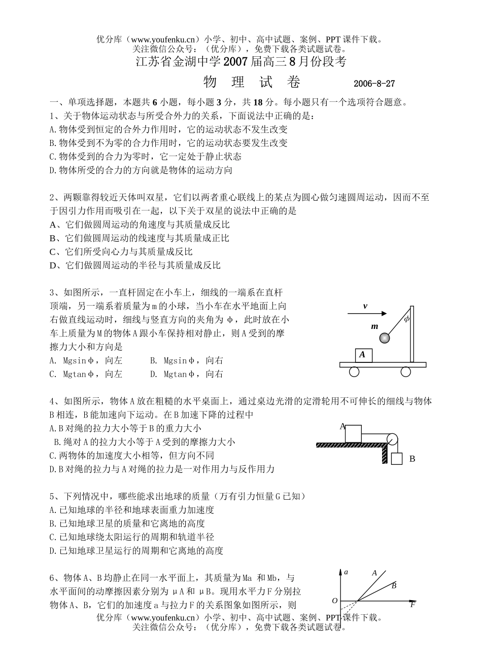 高中三年级物理金湖中学2007届第一次月考试卷_第1页