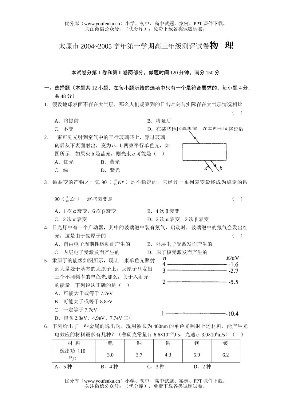 高中三年级物理太原市第一学期高测评试卷_第1页