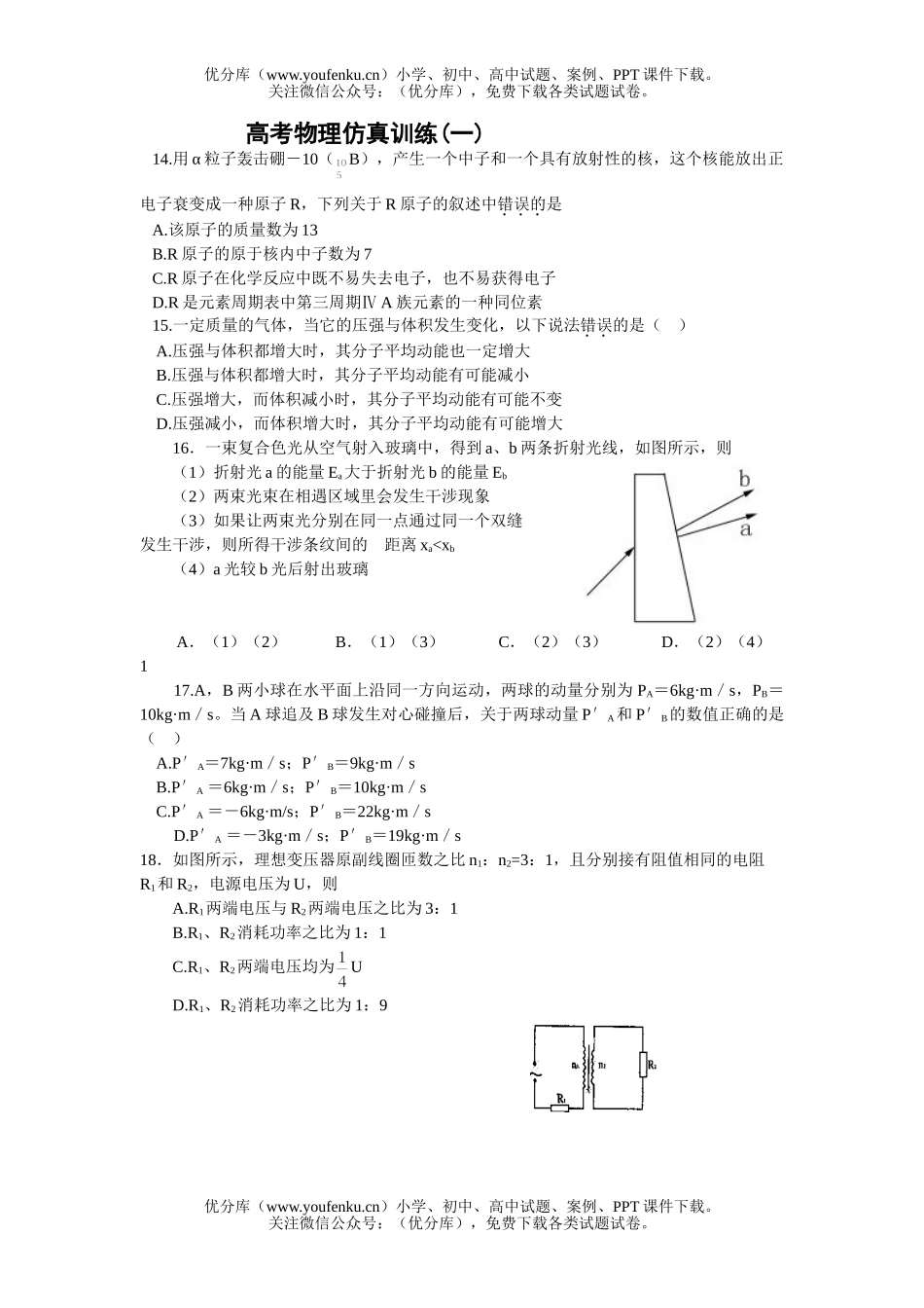 高中三年级物理高考仿真训练(一)试卷_第1页