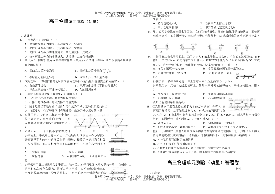 高中三年级物理单元测验(动量)试卷_第1页
