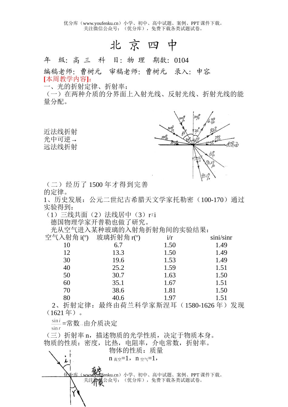 高中三年级物理光的折射定律、折射率试卷_第1页