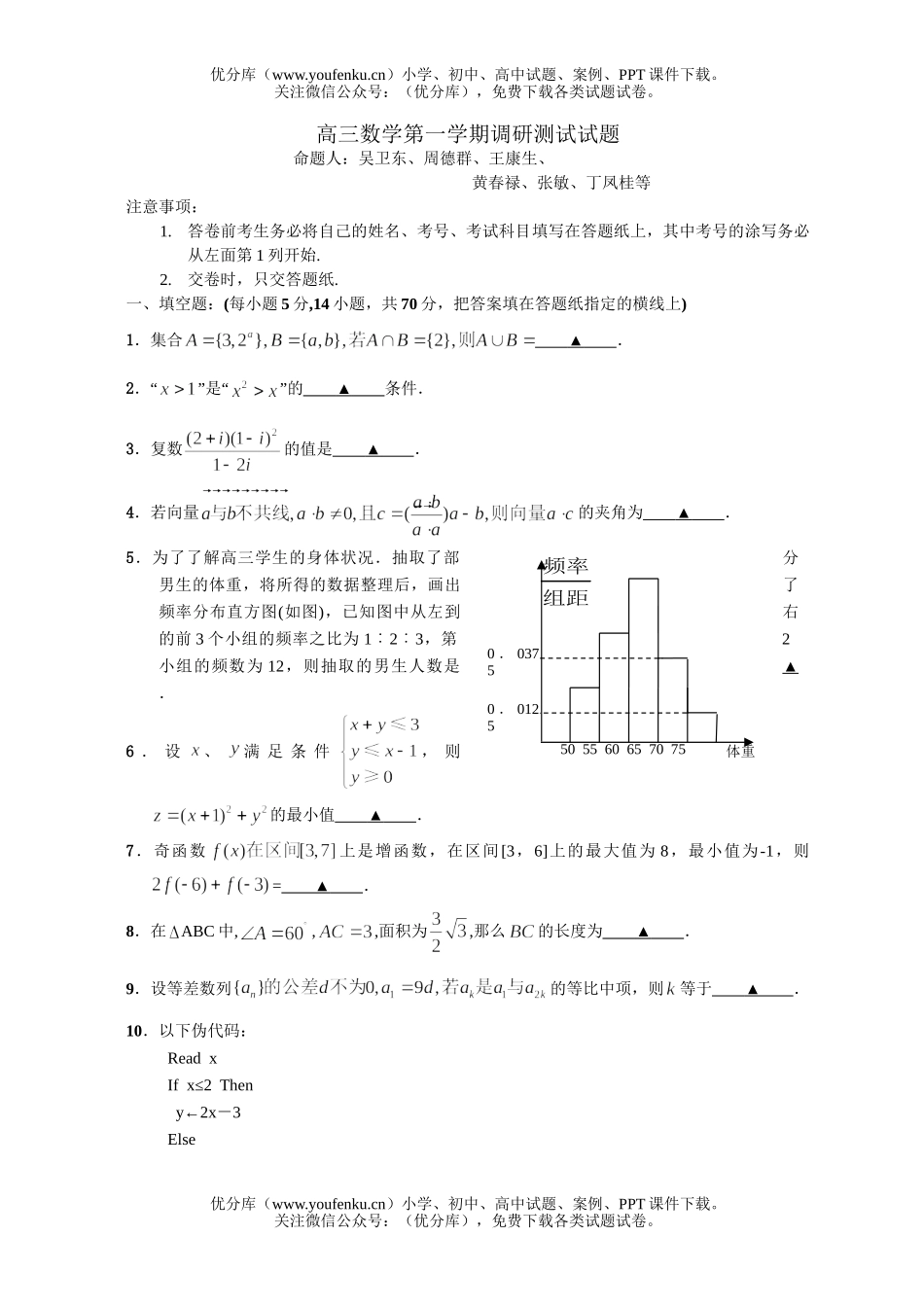 高中三年级数学第一学期调研测试卷_第1页