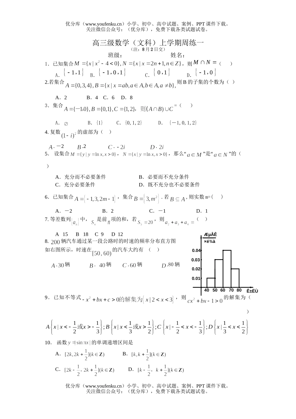 高中三年级数学级(文科)上学期周练1试卷_第1页