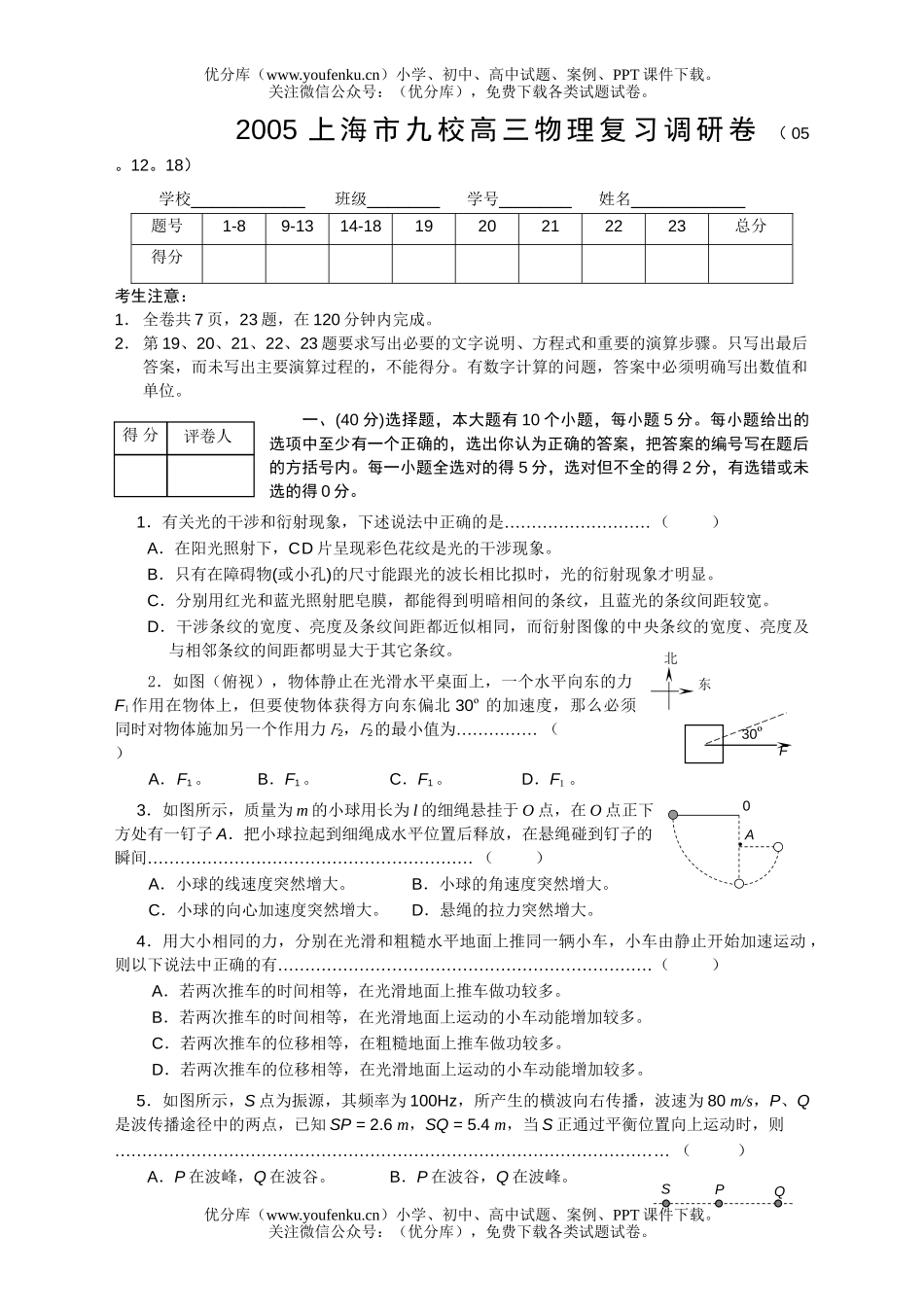 高中三年级物理上海市复习调研试卷_第1页