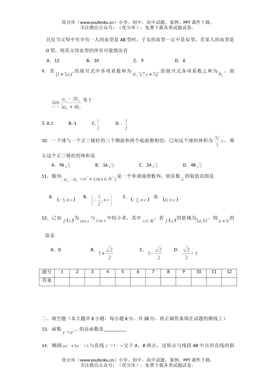 高中三年级数学理科第一轮复习训练题综合卷1试卷_第1页