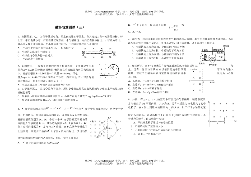 高中三年级物理磁场随堂测试3试卷_第1页