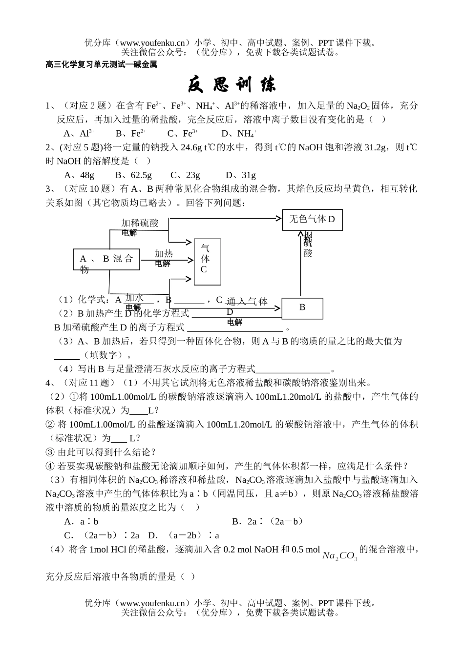 高中三年级化学复习单元测试—碱金属试卷_第1页