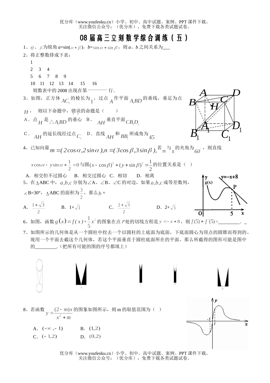高中三年级数学08届立刻综合训练五试卷_第1页