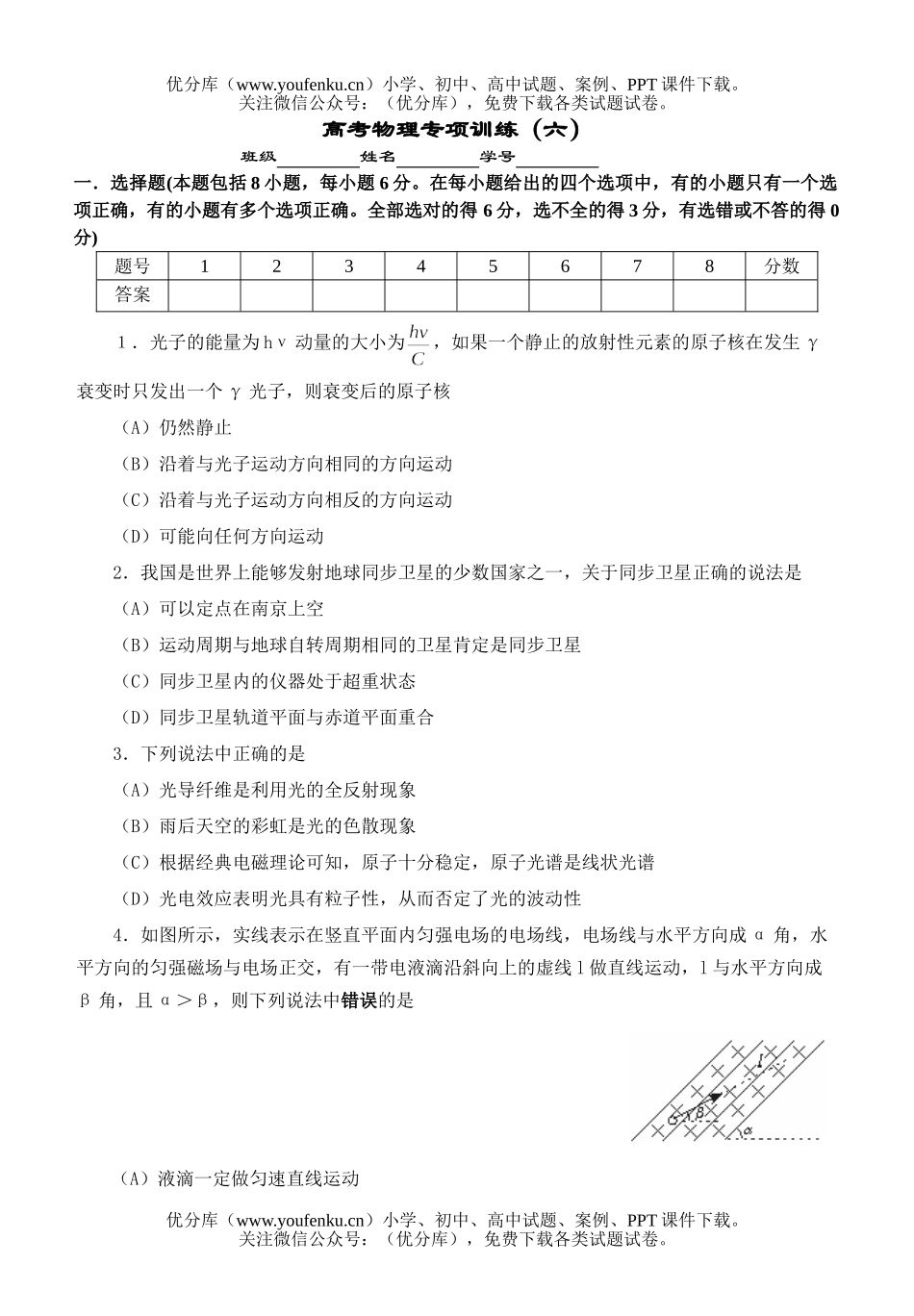 高中三年级物理高考专项训练(六)试卷_第1页