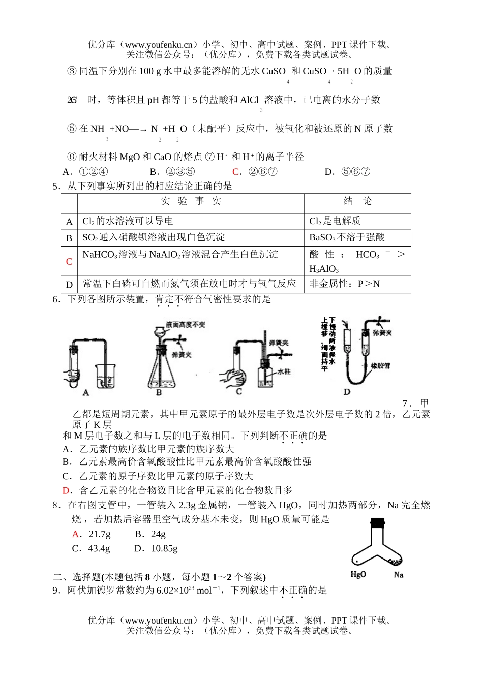 高中三年级化学2007届(无机部分)选择题强化训练试卷_第2页