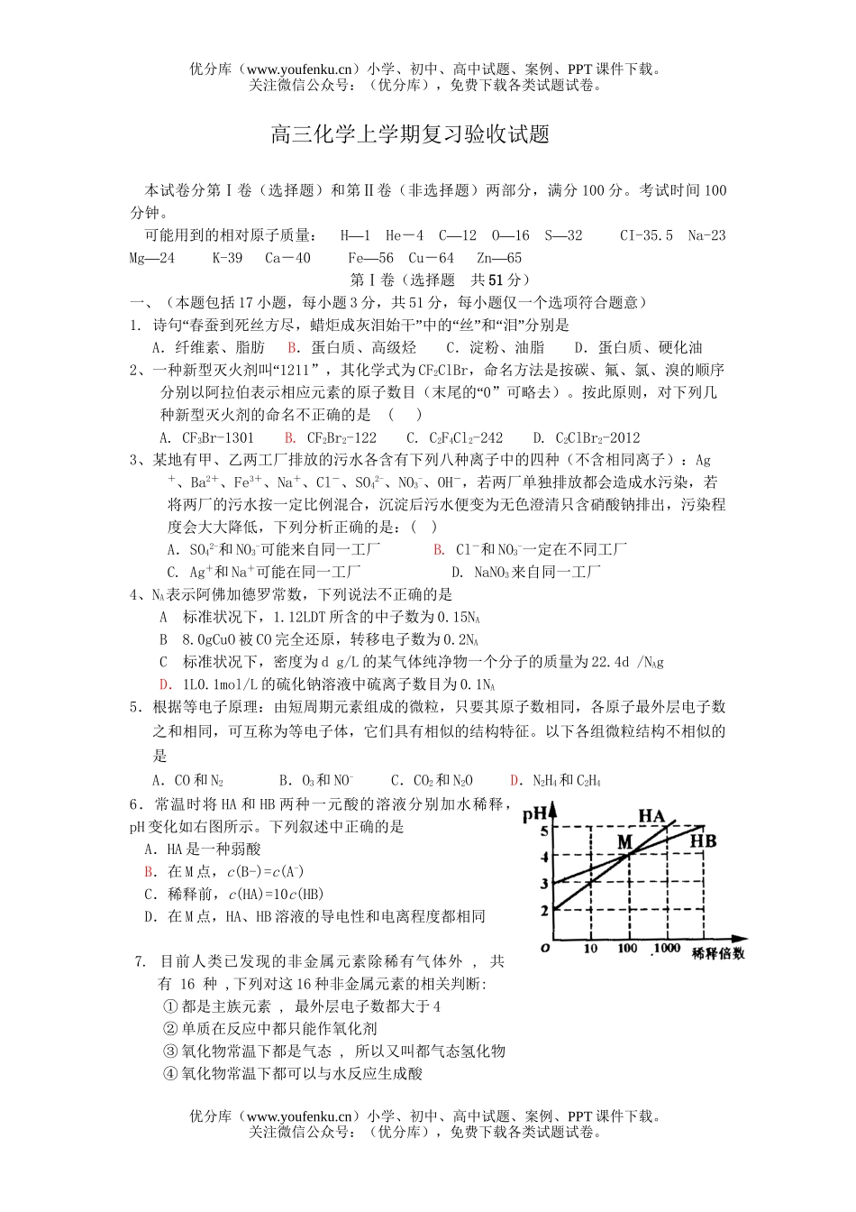 高中三年级化学上学期复习验收试卷_第1页