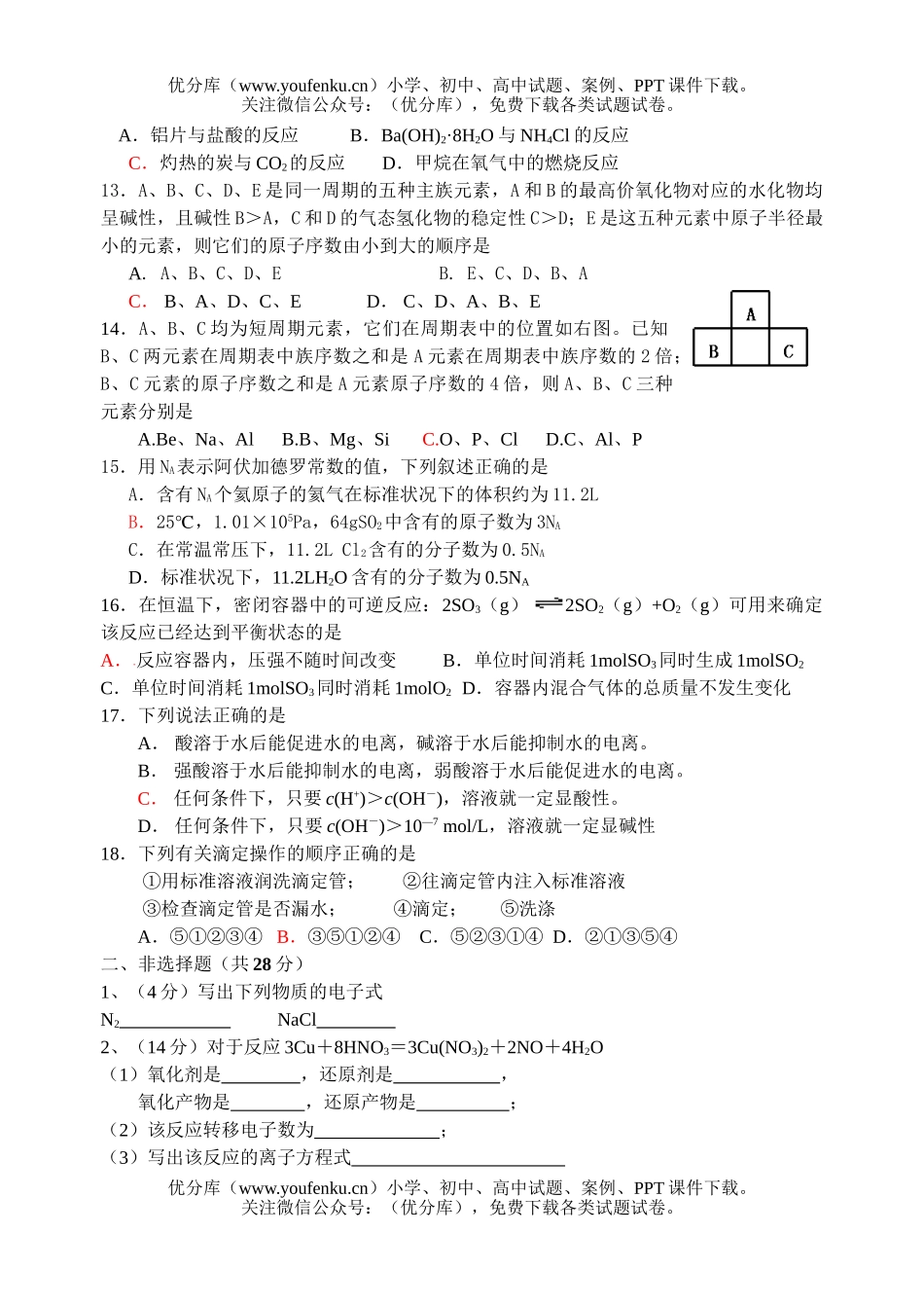 高中三年级化学理科综合测3试卷_第2页