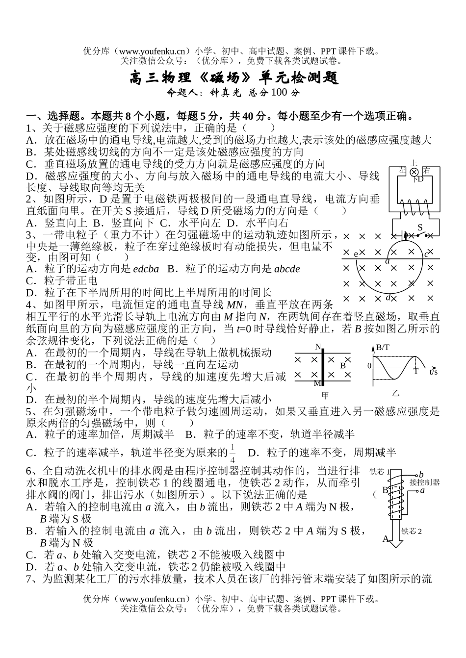 高中三年级物理《磁场》单元检测题试卷_第1页