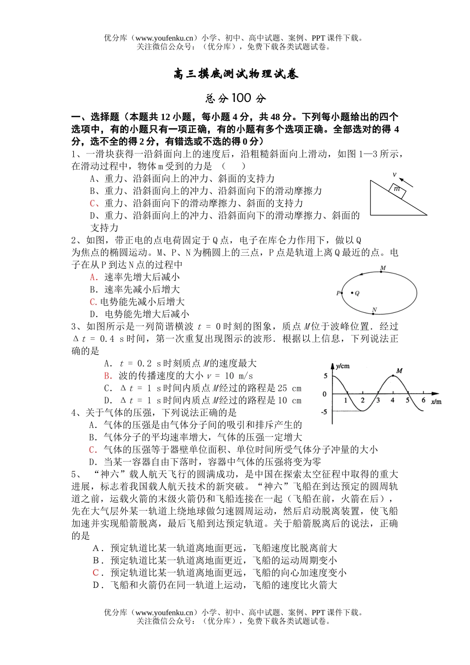 高中三年级物理摸底测试卷_第1页
