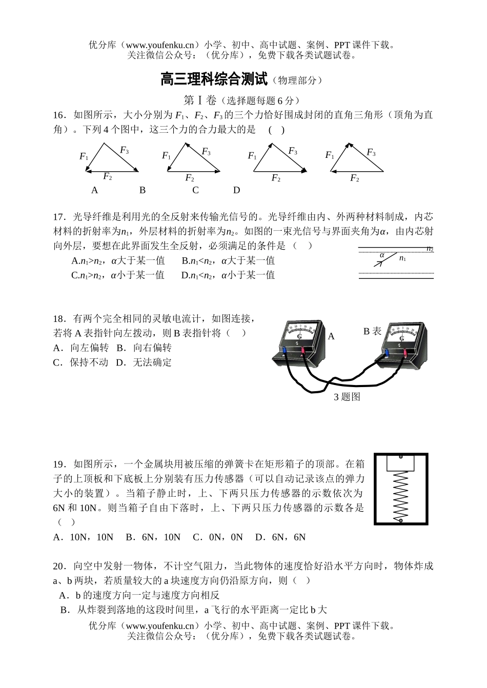 高中三年级物理理科综合测试(部分)试卷_第1页