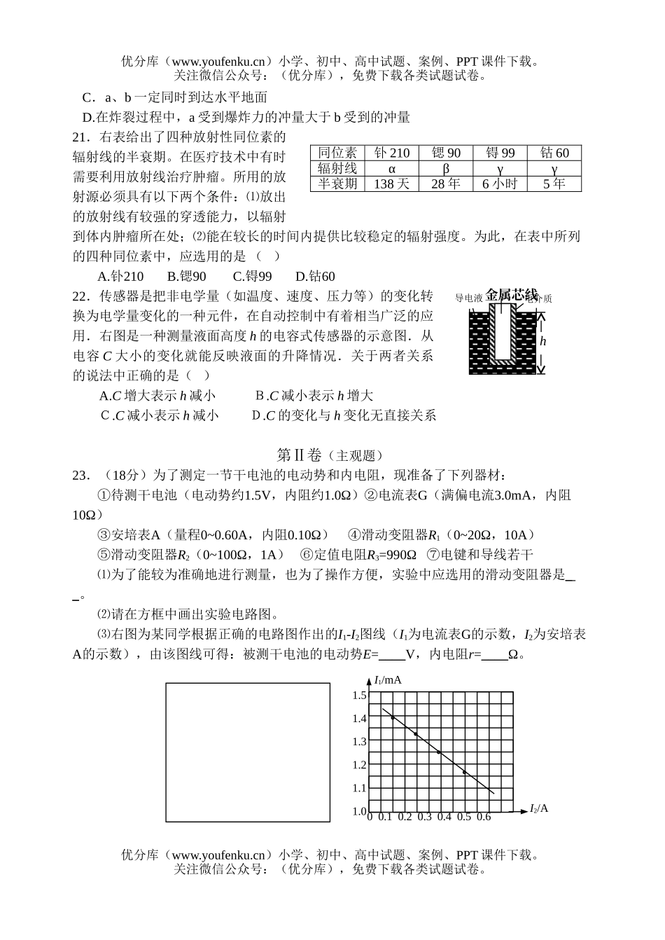 高中三年级物理理科综合测试(部分)试卷_第2页