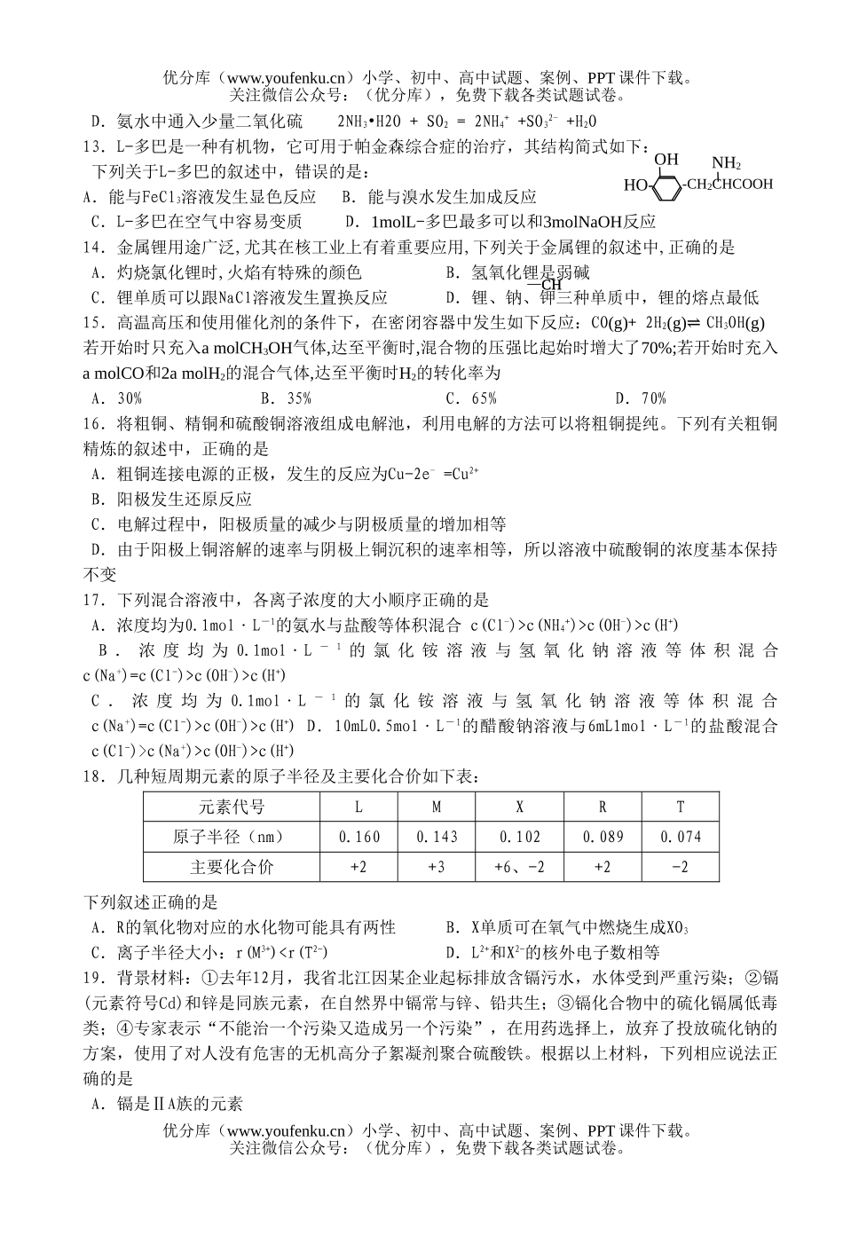 高中三年级化学普通毕业班综合测试(一)试卷_第2页