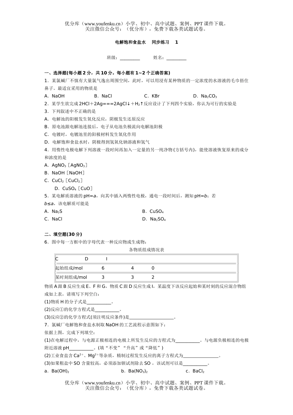 高中三年级化学电解饱和食盐水试卷_第1页