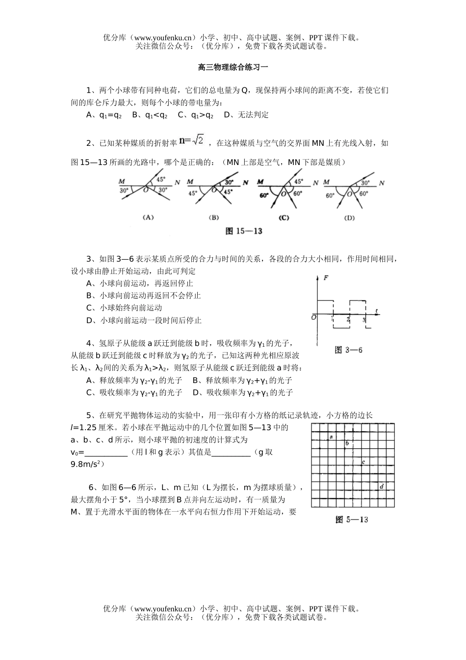 高中三年级物理综合练习一试卷_第1页
