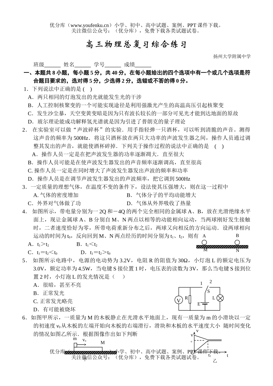 高中三年级物理总复习综合练习试卷_第1页