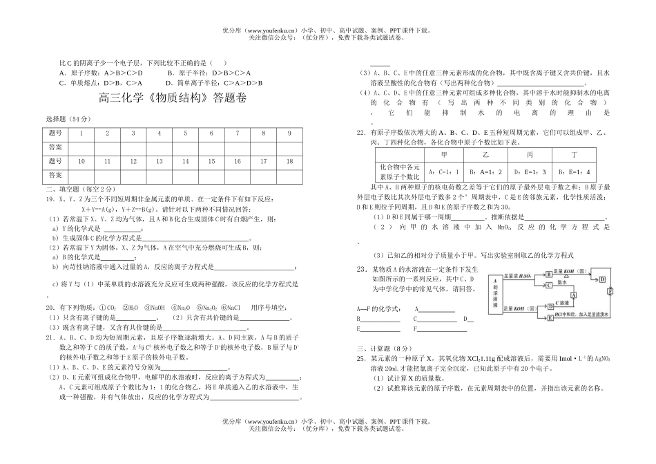 高中三年级化学《物质结构》测试卷_第2页