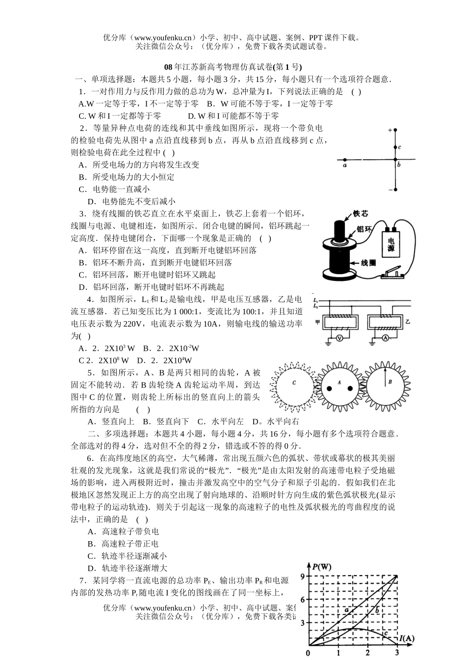 高中三年级物理08年江苏新高考仿真试卷_第1页