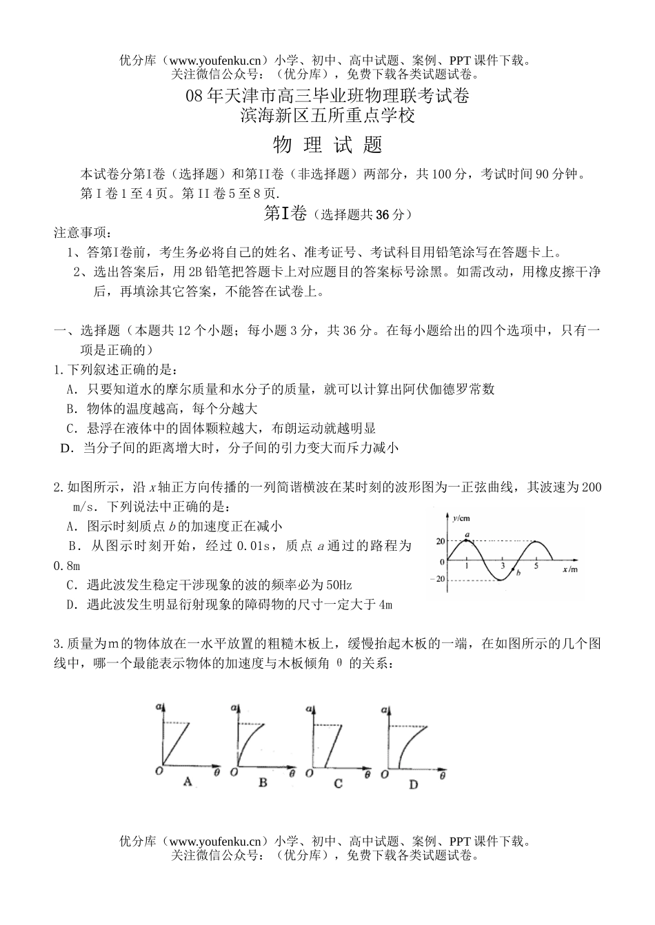 高中三年级物理08年天津市毕业班联考试卷_第1页