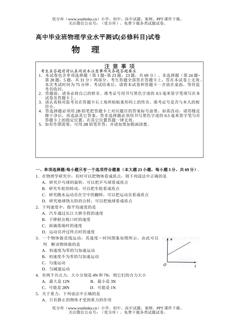 高中三年级物理08届毕业班学业水平测试卷_第1页