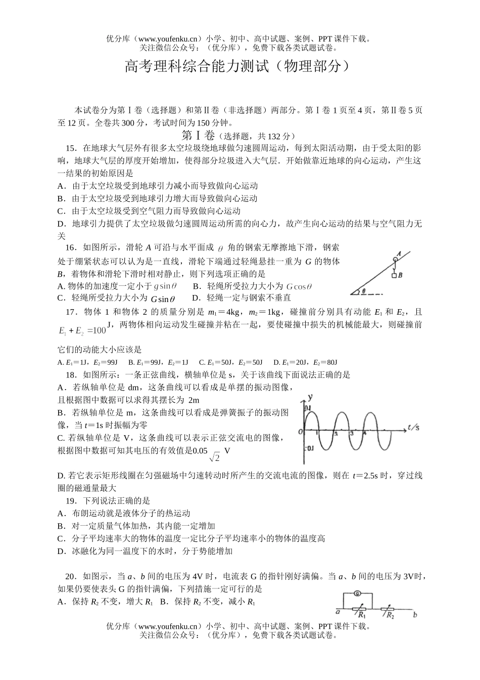 高中三年级物理高考理科综合能力测试(部分)试卷_第1页