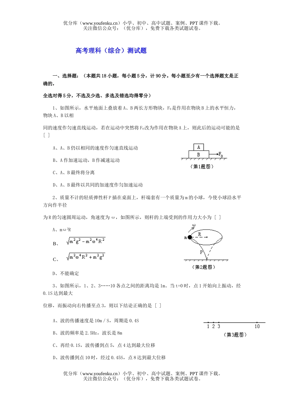 高中三年级物理高考理科(综合)测试卷_第1页