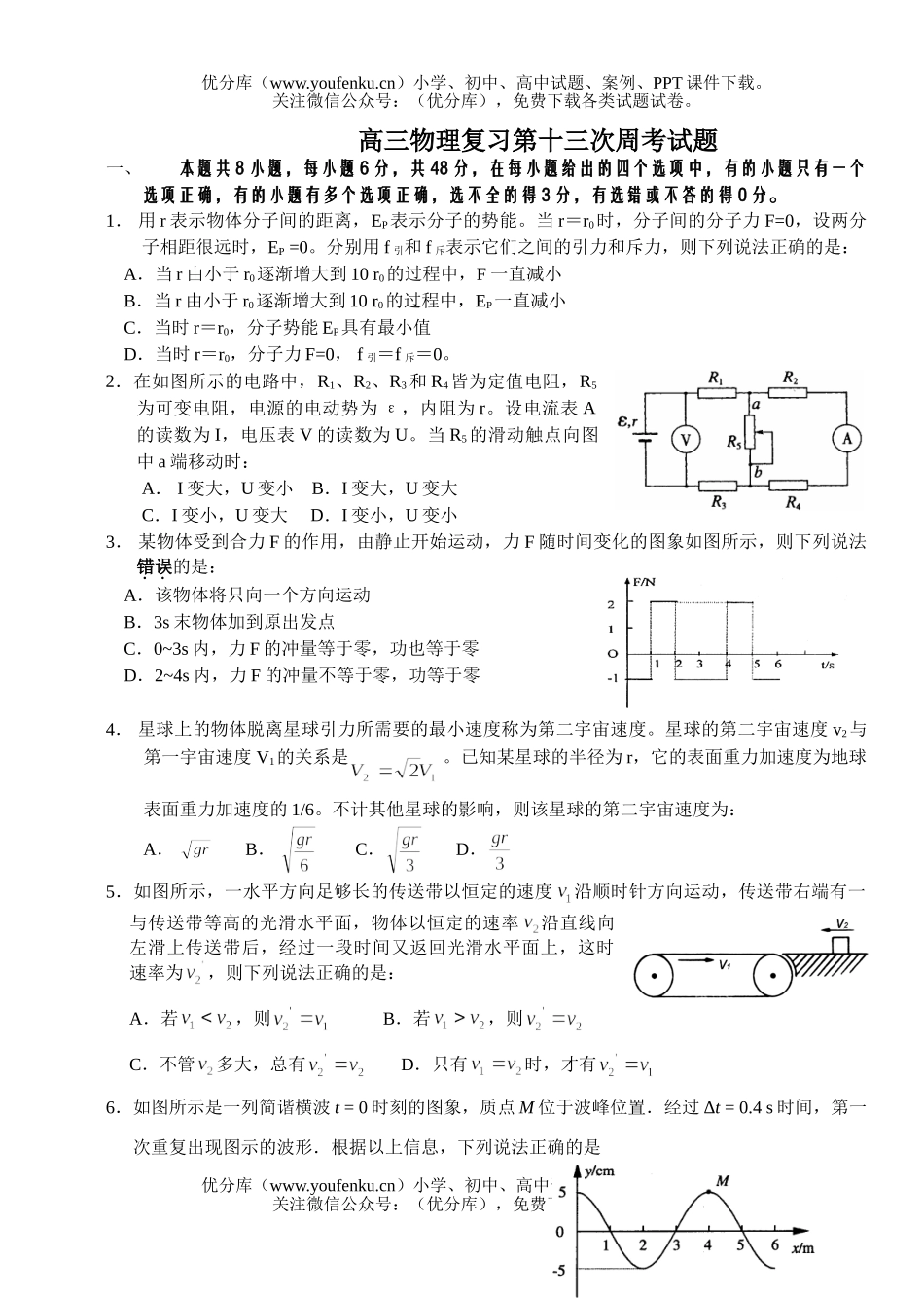 高中三年级物理复习第十三次周考试卷_第1页