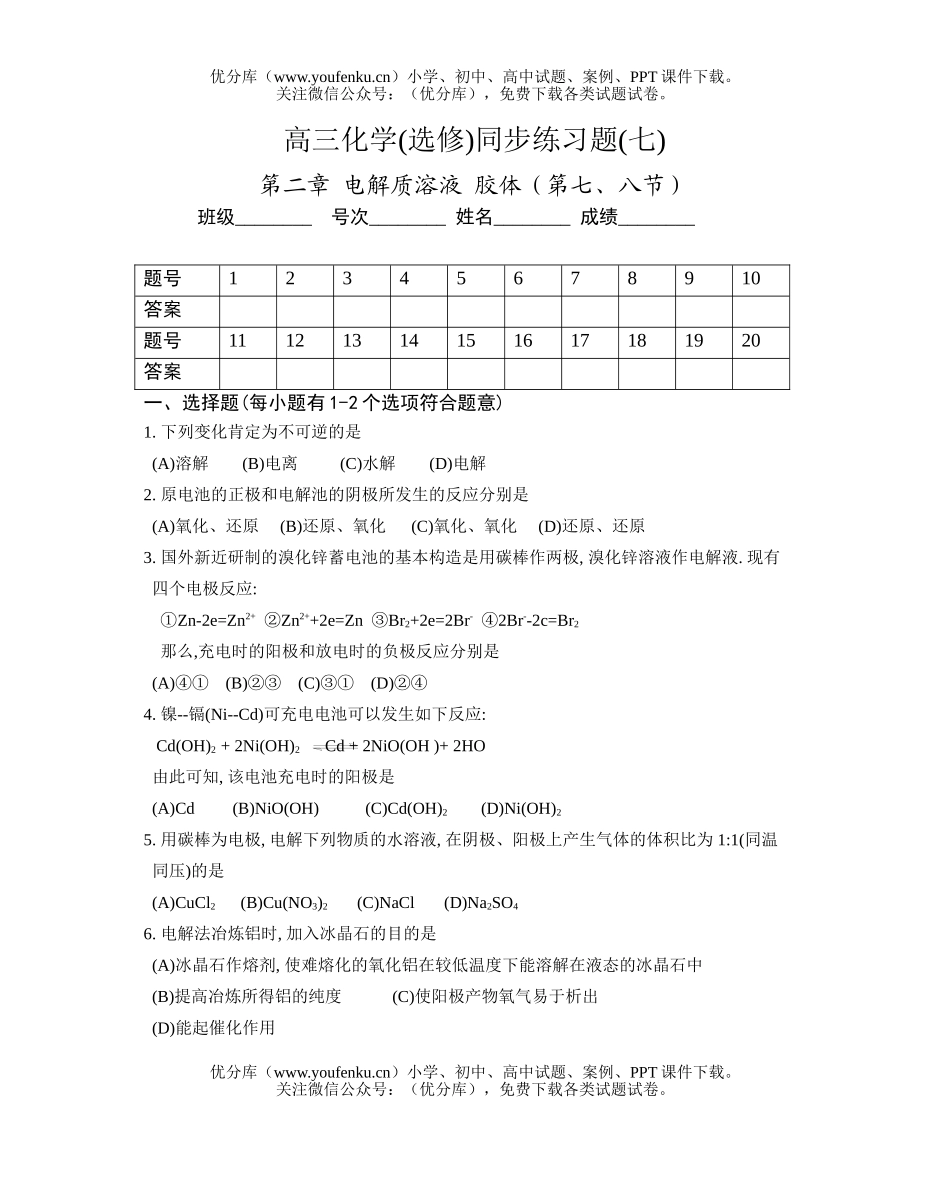高中三年级化学(选修)同步练习题(七)试卷_第1页