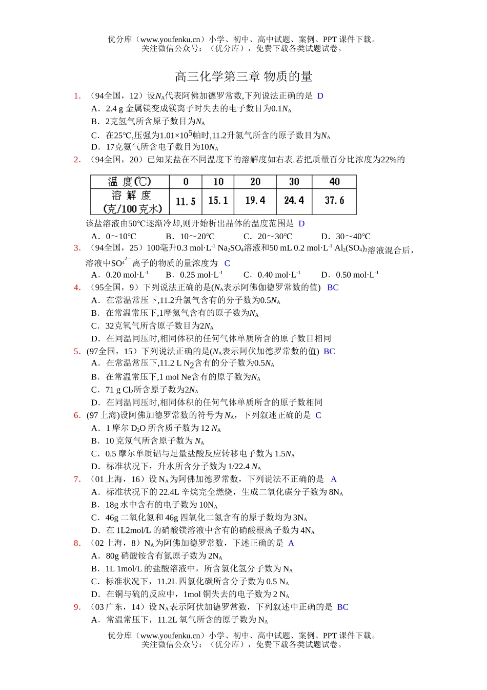 高中三年级化学第三章 物质的量试卷_第1页