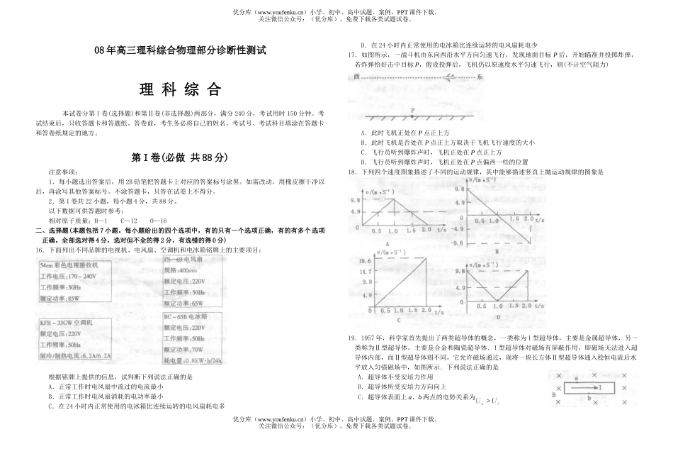 高中三年级物理08年理科综合部分诊断性测试卷_第1页